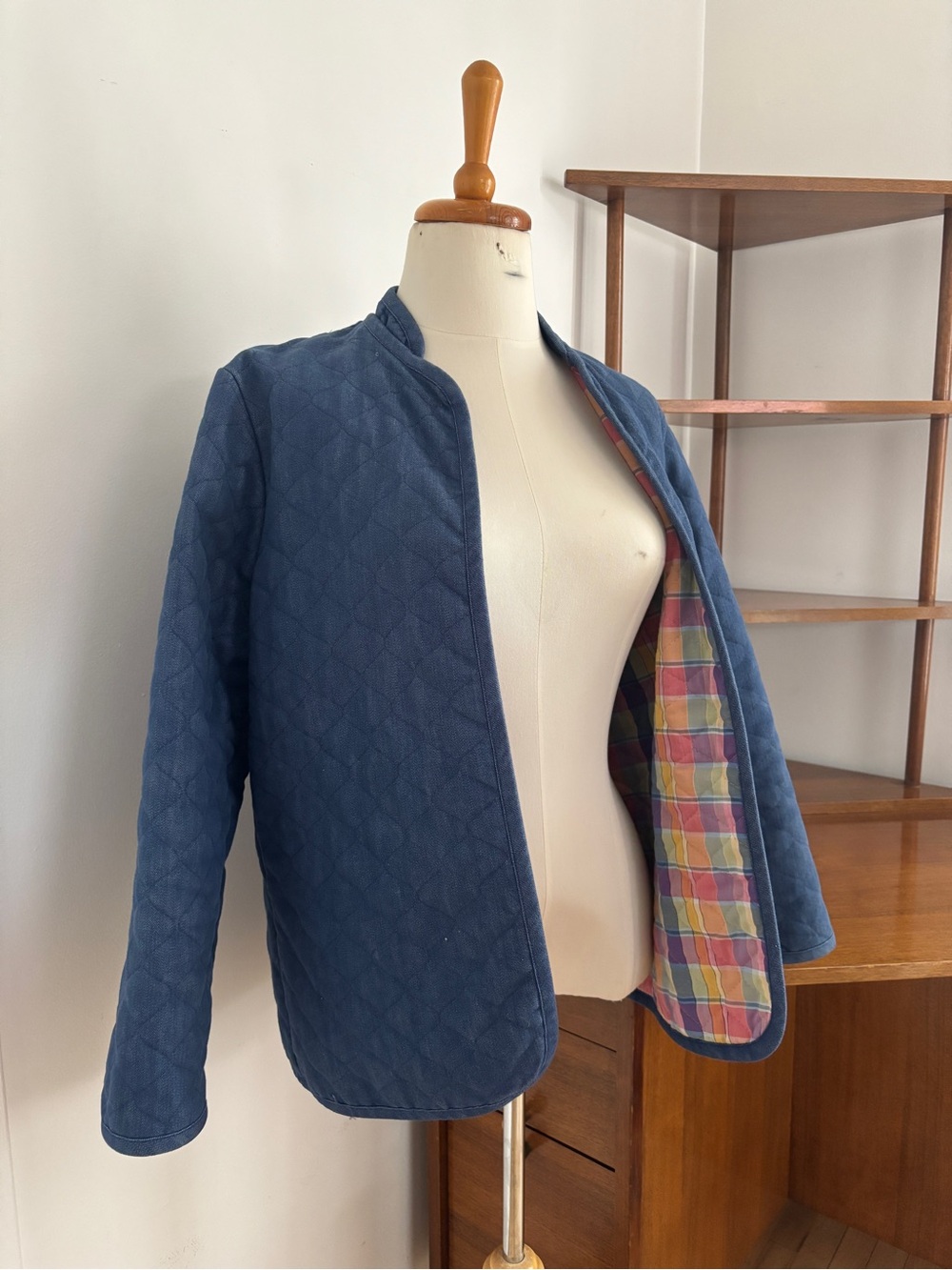 Vintage Handmade Quilted Open Denim Jacket with Plaid Lining